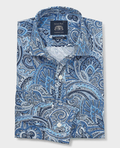 Navy Cotton Poplin Classic Fit Paisley Smart Casual Shirt - Single Cuff