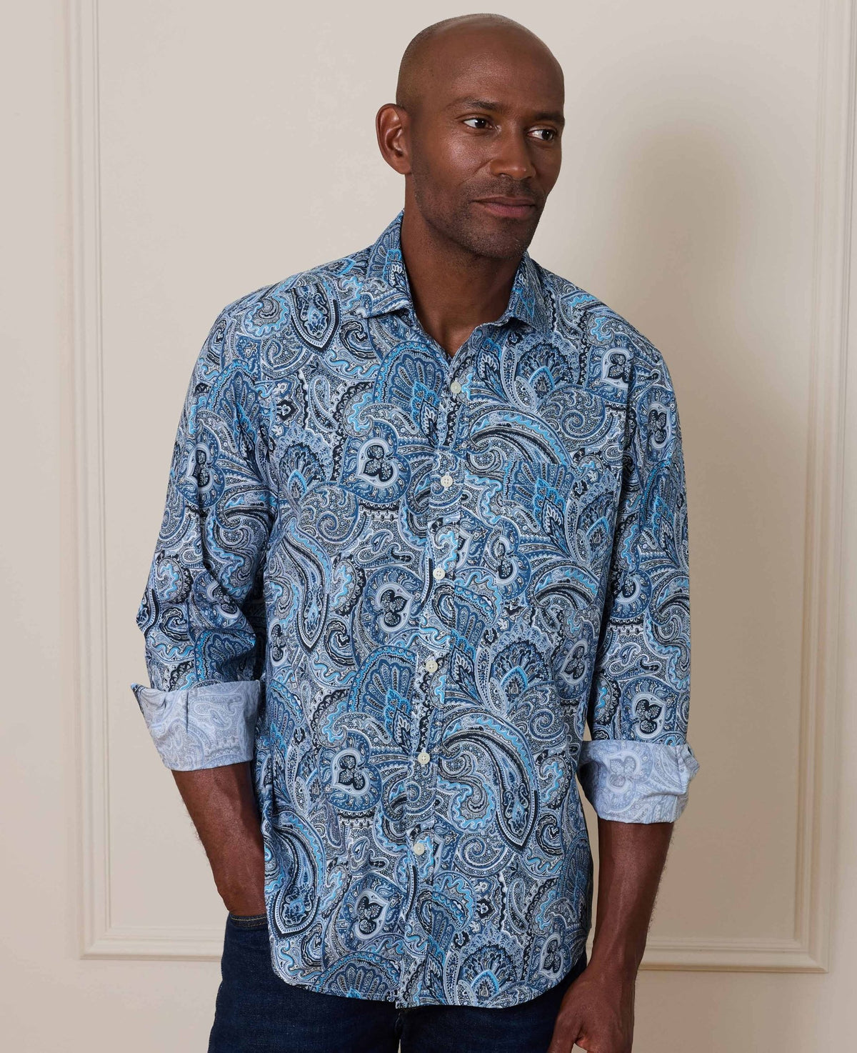 Navy Cotton Poplin Classic Fit Paisley Smart Casual Shirt - Single Cuff