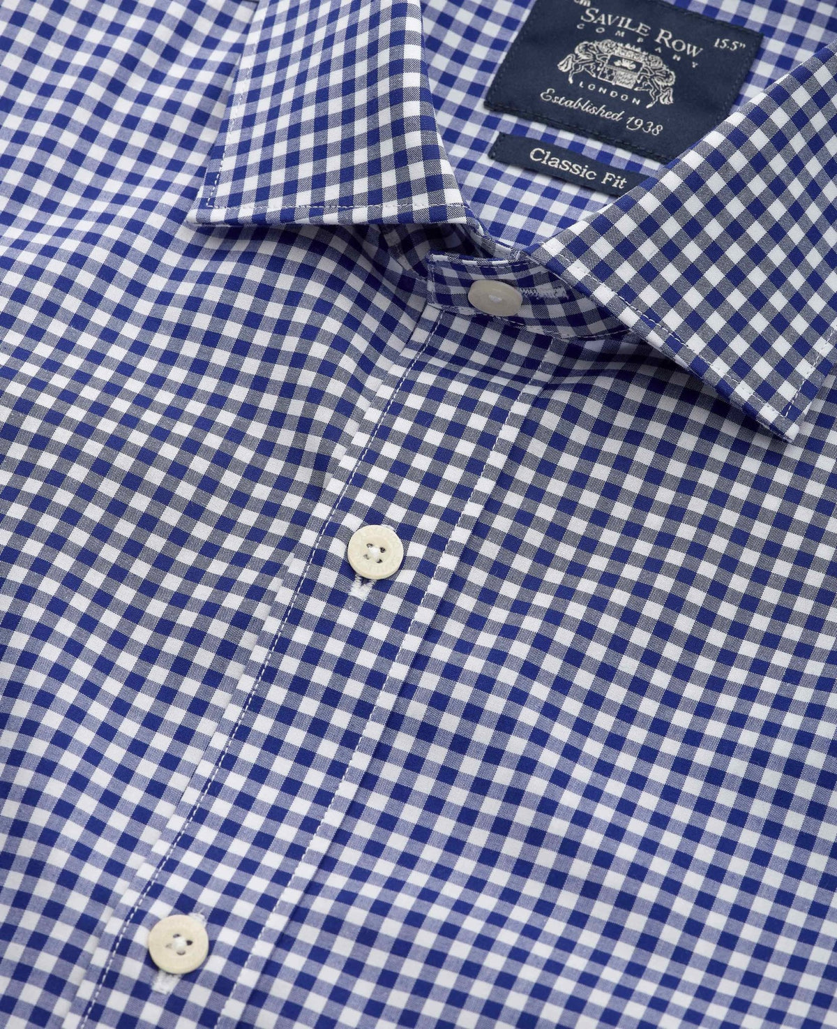 Men's Navy Poplin Gingham Check Classic Fit Formal Shirt With Single Cuffs collar detail