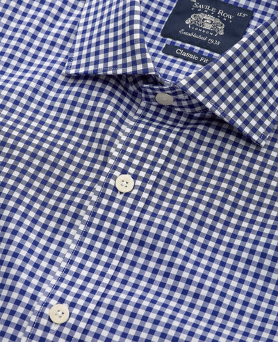 Navy Cotton Poplin Gingham Check Classic Fit Formal Shirt - Single Cuff
