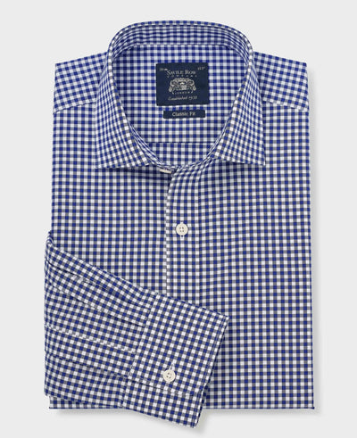 Navy Cotton Poplin Gingham Check Classic Fit Formal Shirt - Single Cuff