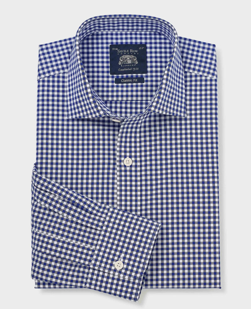 Navy Cotton Poplin Gingham Check Classic Fit Formal Shirt - Single Cuff
