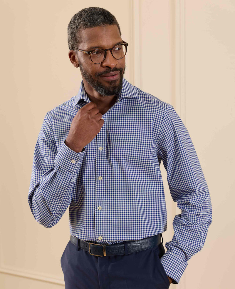 Navy Cotton Poplin Gingham Check Classic Fit Formal Shirt - Single Cuff