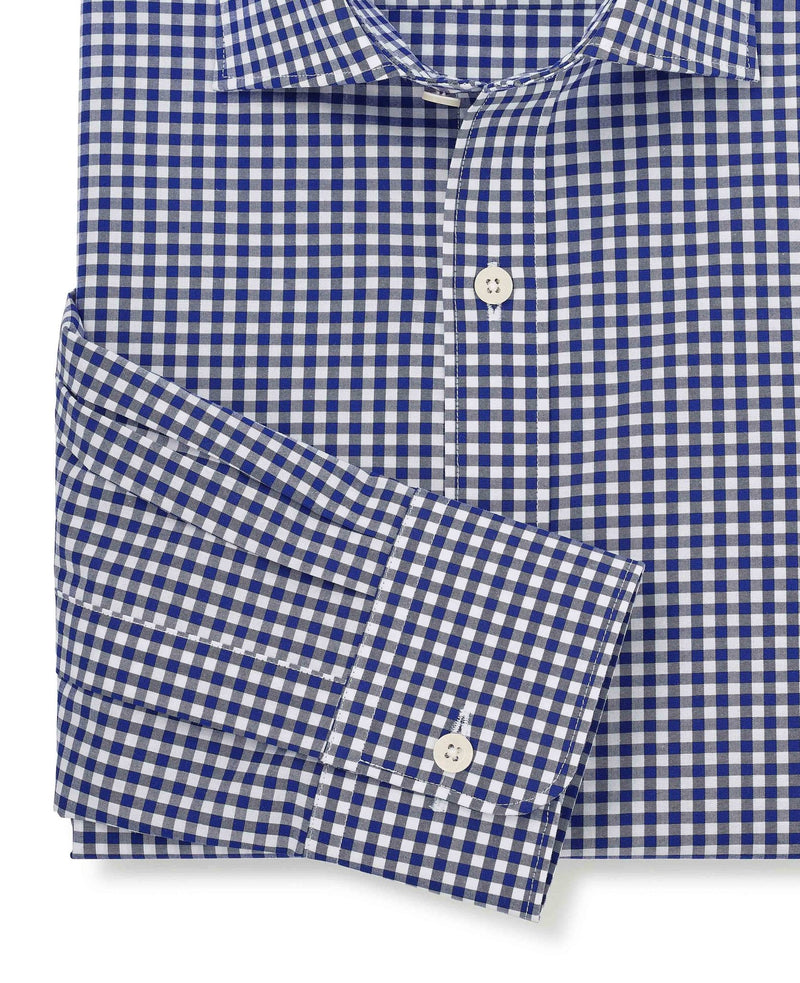 Navy Cotton Poplin Gingham Check Classic Fit Formal Shirt - Single Cuff