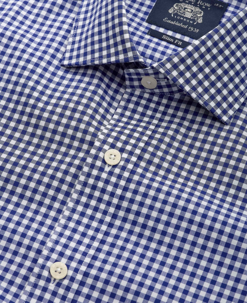 Navy Cotton Poplin Gingham Check Slim Fit Formal Shirt - Single Cuff