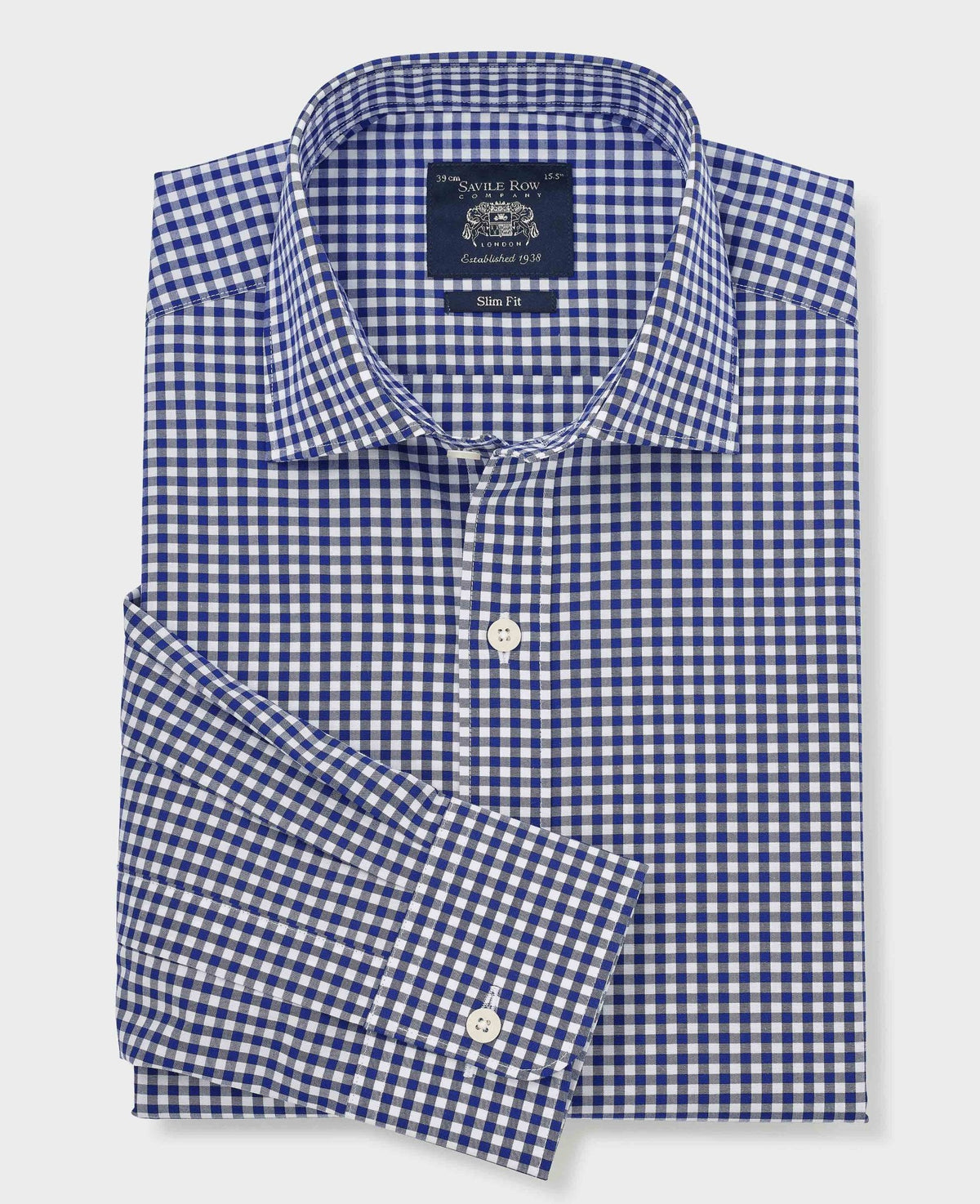 Men's Navy Cotton Poplin Gingham Check Slim Fit Formal Shirt With Single Cuffs folded
