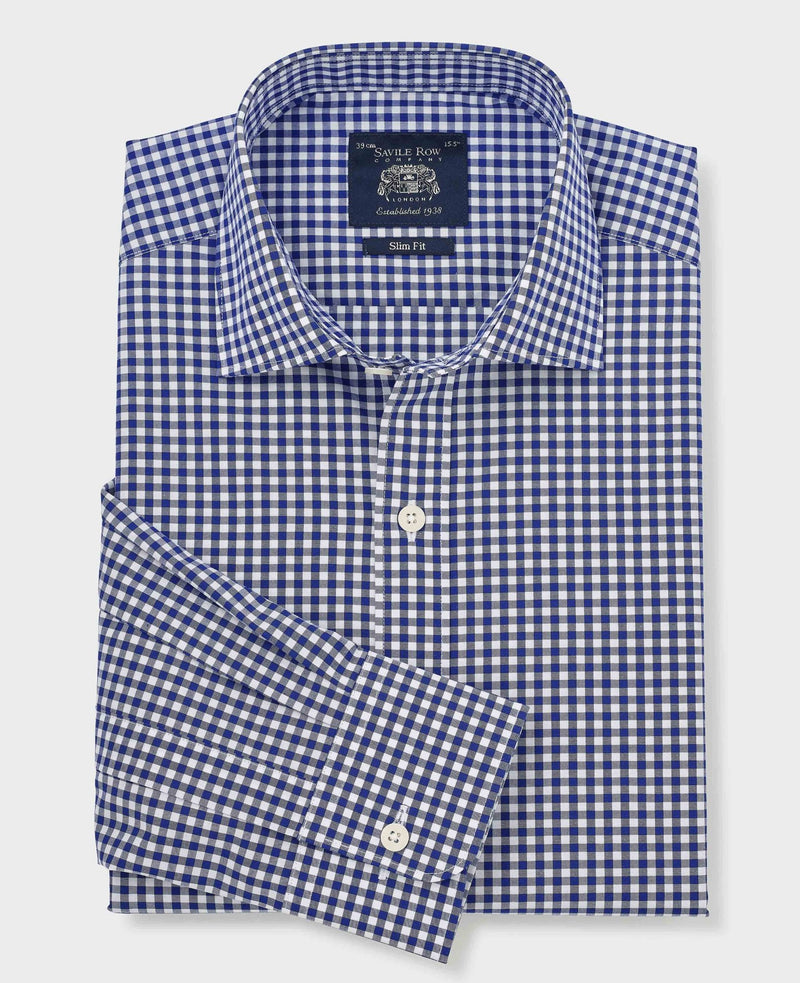 Navy Cotton Poplin Gingham Check Slim Fit Formal Shirt - Single Cuff