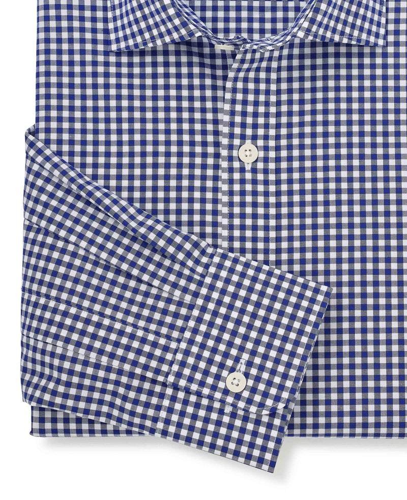 Navy Cotton Poplin Gingham Check Slim Fit Formal Shirt - Single Cuff