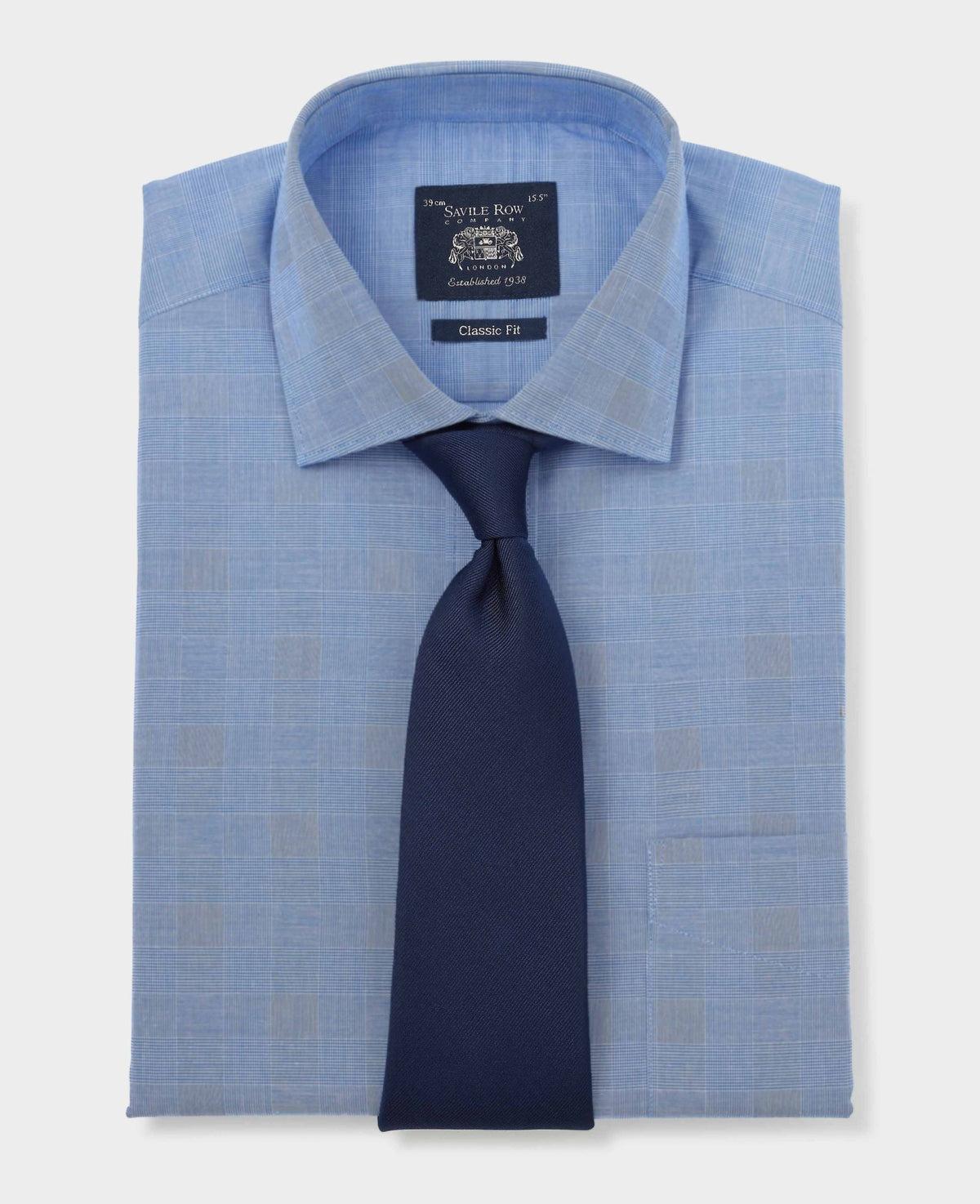 Men's Navy Cotton Prince of Wales Check Classic Fit Formal Shirt folded with tie