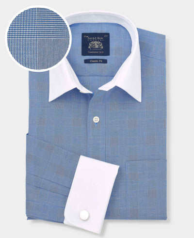 Navy Cotton Prince of Wales Check Classic Fit Winchester Formal Shirt - Double Cuff