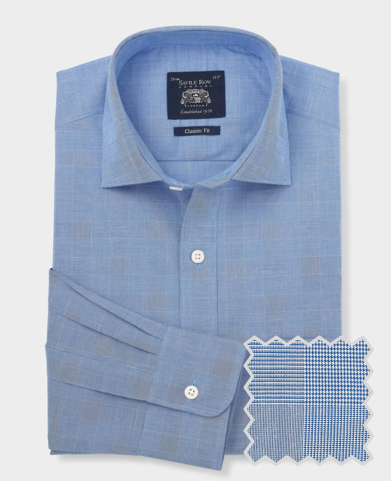 Navy Cotton Prince of Wales Check Classic Fit Formal Shirt - Single Cuff
