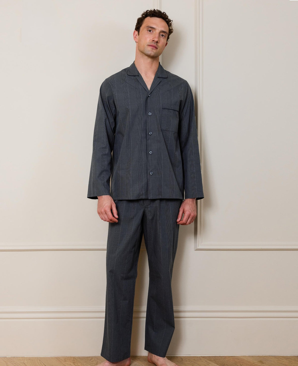 Navy Cotton Revere Collar Check Pyjamas