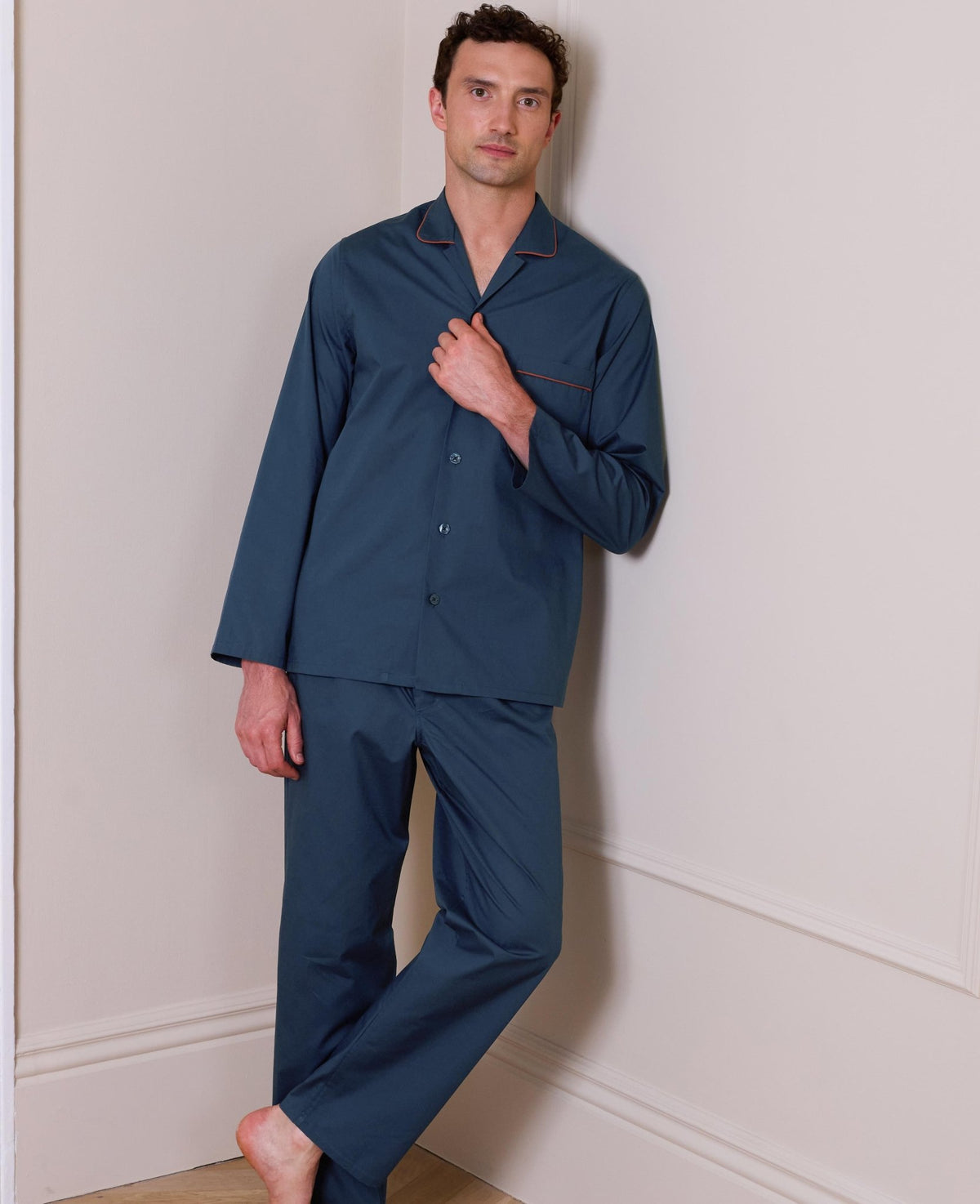 Navy Cotton Revere Collar Pyjamas With Trim