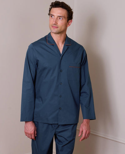 Navy Cotton Revere Collar Pyjamas With Trim
