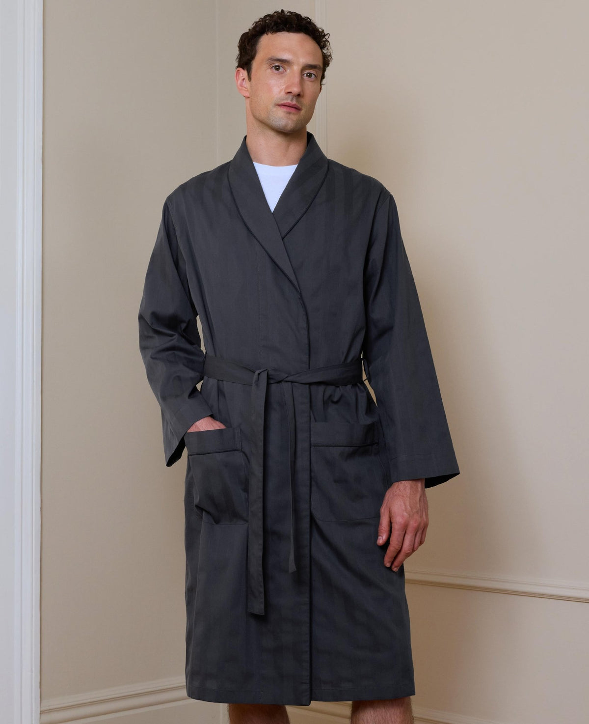 Navy Cotton Satin Stripe Dressing Gown