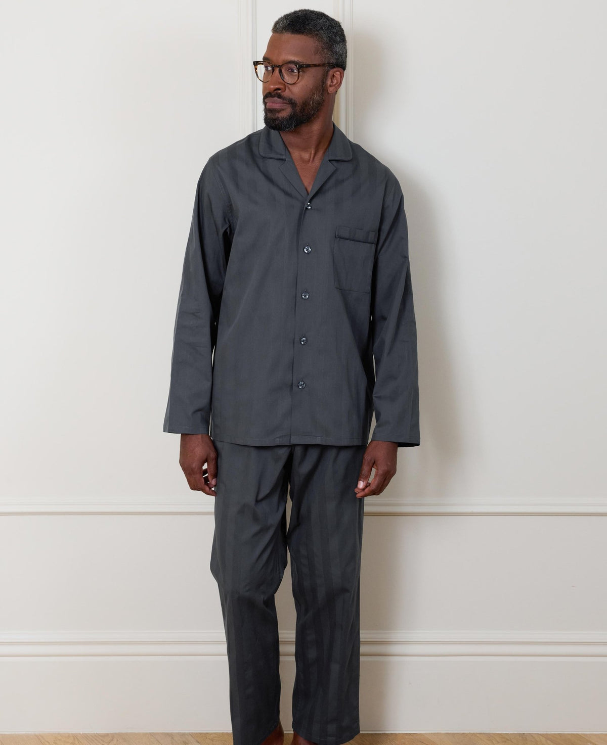 Navy Cotton Satin Stripe Pyjamas