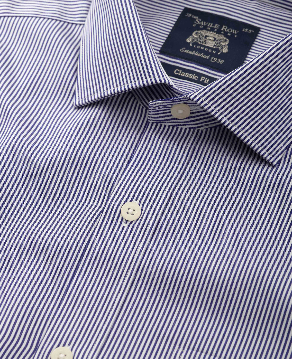 Men's Navy Cotton Twill Classic Fit Striped Formal Shirt collar detail