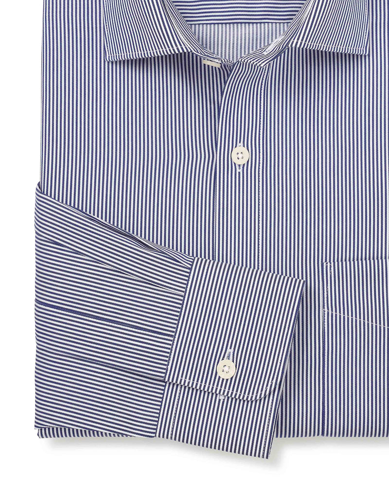 Men's Navy Cotton Twill Classic Fit Striped Formal Shirt sleeve detail