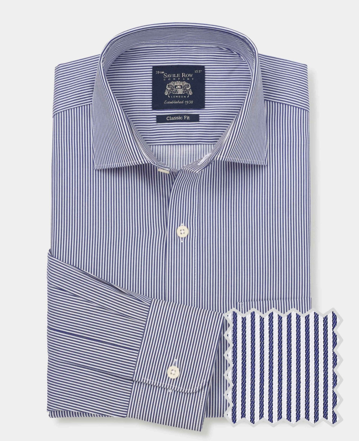 Men's Navy Cotton Twill Classic Fit Striped Formal Shirt With Single Cuffs product shot with swatch
