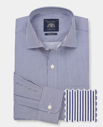 Navy Cotton Twill Classic Fit Striped Formal Shirt - Single Cuff
