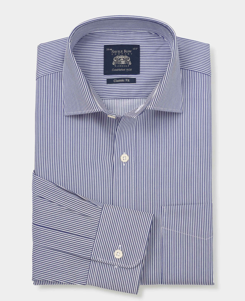 Men's Navy Cotton Twill Classic Fit Striped Formal Shirt folded