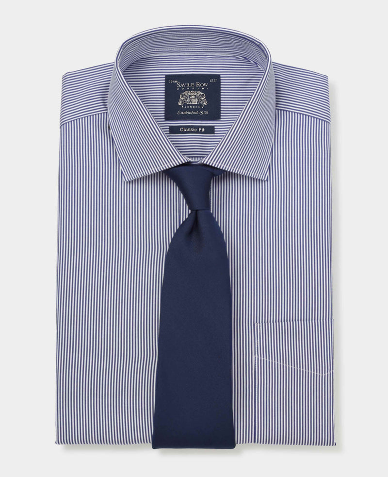 Men's Navy Cotton Twill Classic Fit Striped Formal Shirt folded with tie