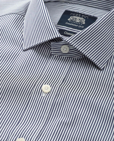 Navy Cotton Twill Classic Fit Striped Smart Casual Shirt - Single Cuff