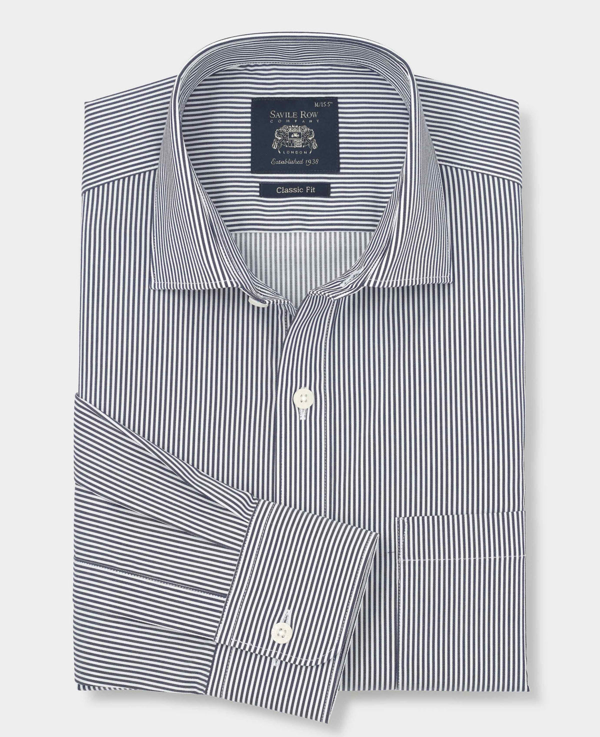 Navy Cotton Twill Classic Fit Striped Smart Casual Shirt - Single Cuff