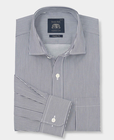 Navy Cotton Twill Classic Fit Striped Smart Casual Shirt - Single Cuff