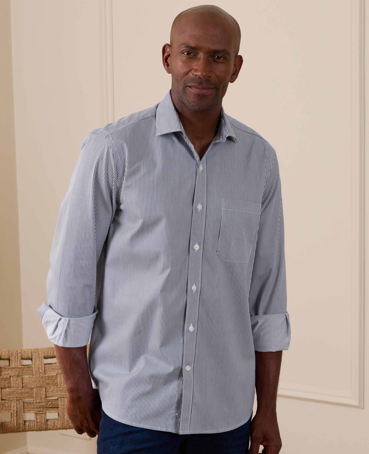 Navy Cotton Twill Classic Fit Striped Smart Casual Shirt - Single Cuff