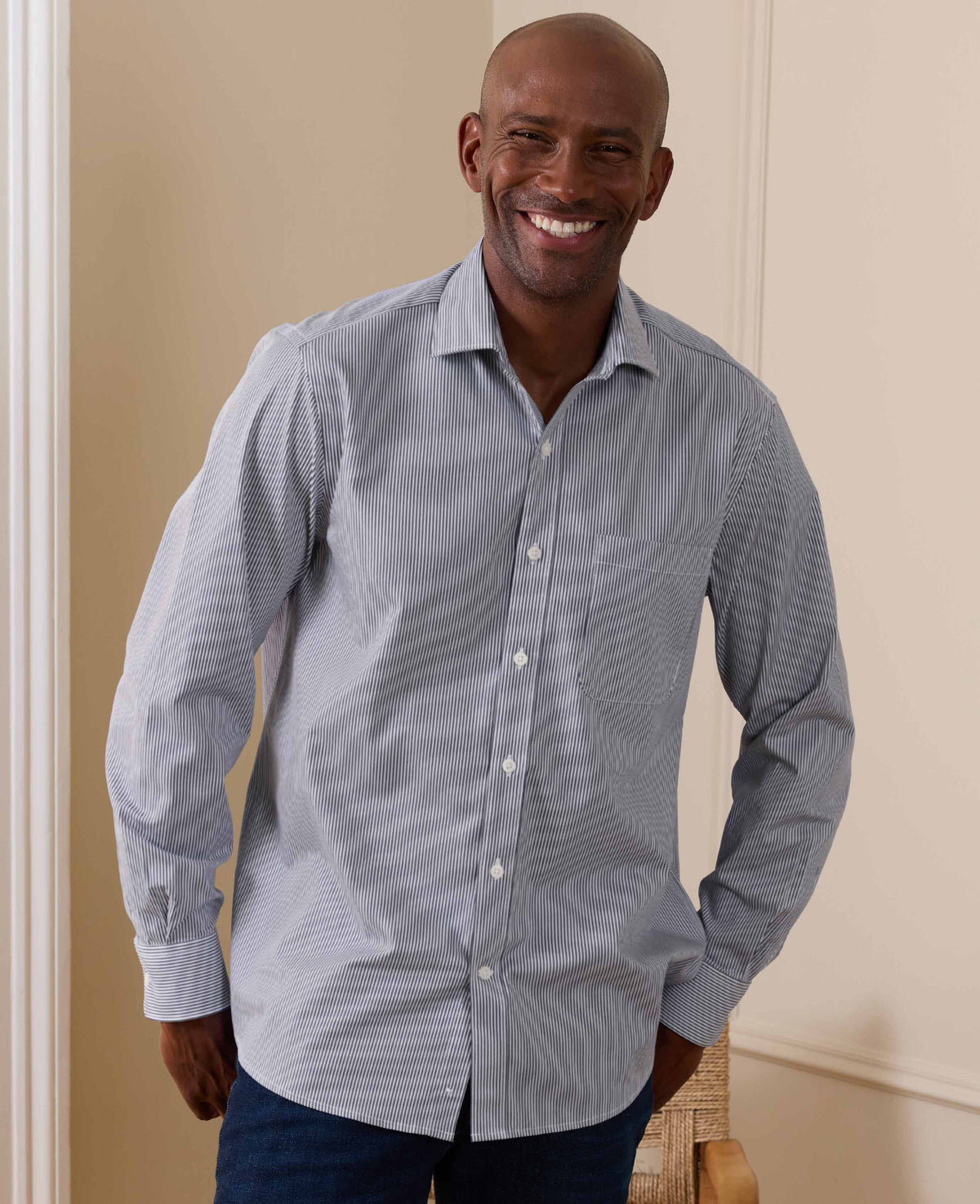 Navy Cotton Twill Classic Fit Striped Smart Casual Shirt - Single Cuff