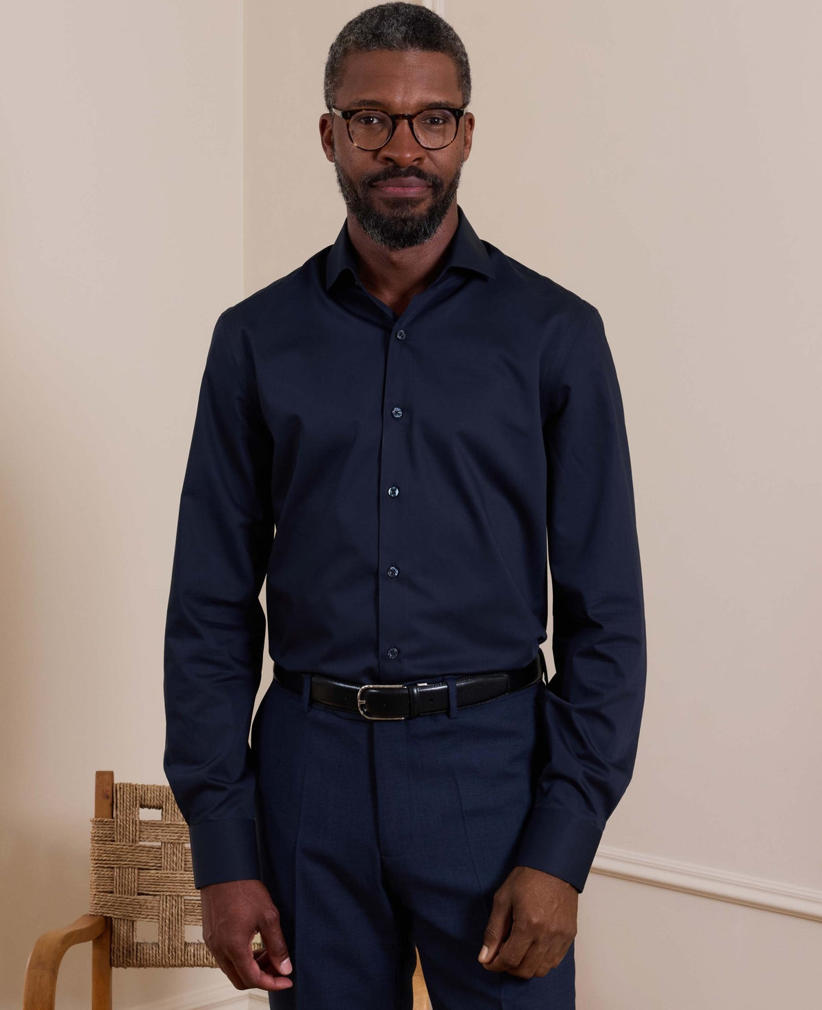 Navy Cotton Twill Slim Fit Formal Shirt - Single Cuff