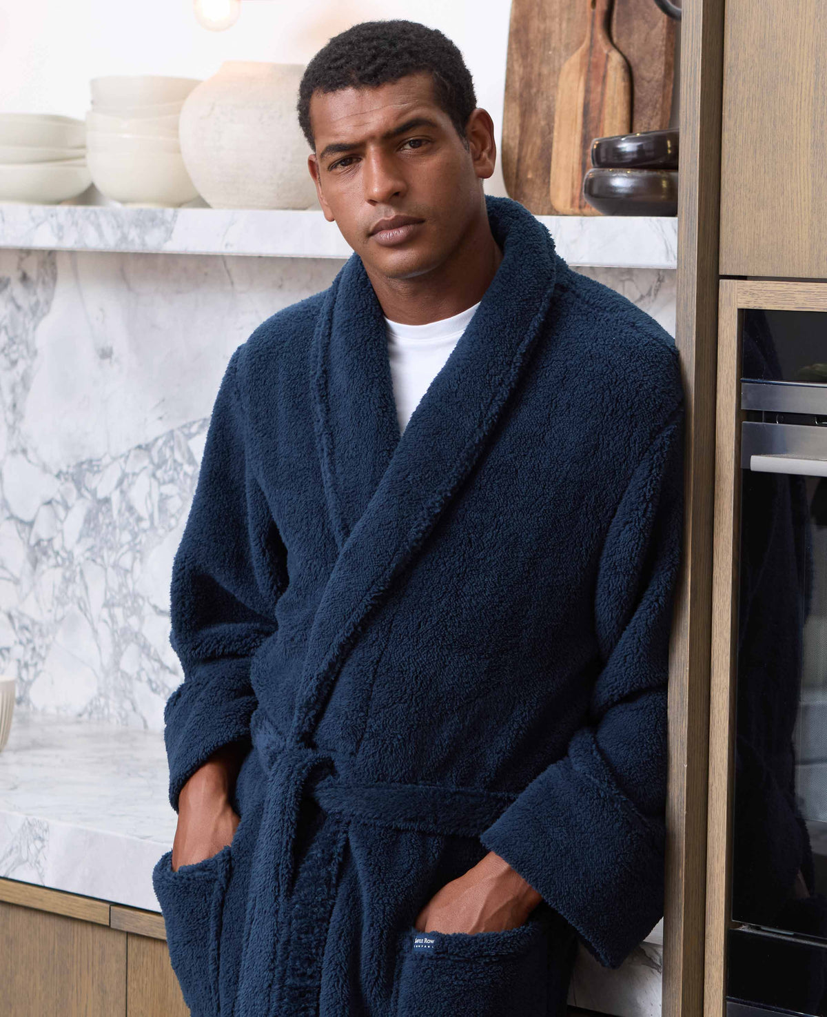Men's Navy Fleece Dressing Gown model shot