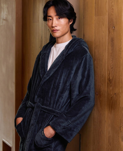 Navy Fleece Dressing Gown With Hood