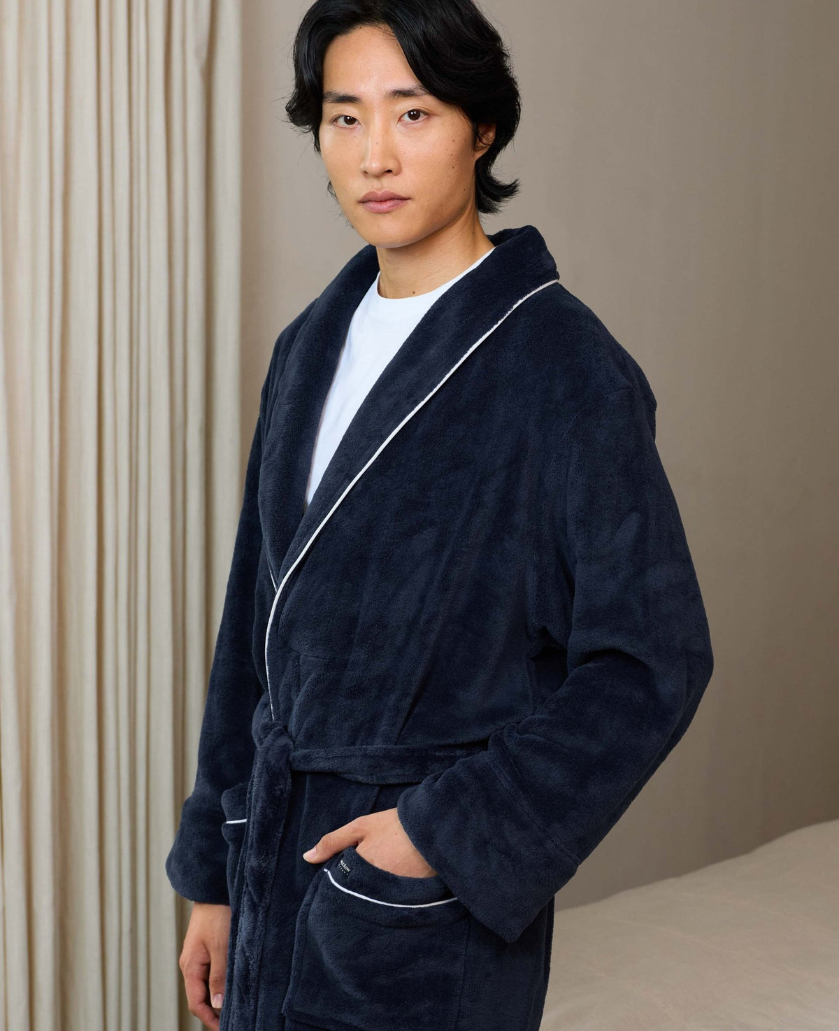 Navy Fleece Dressing Gown With Piping