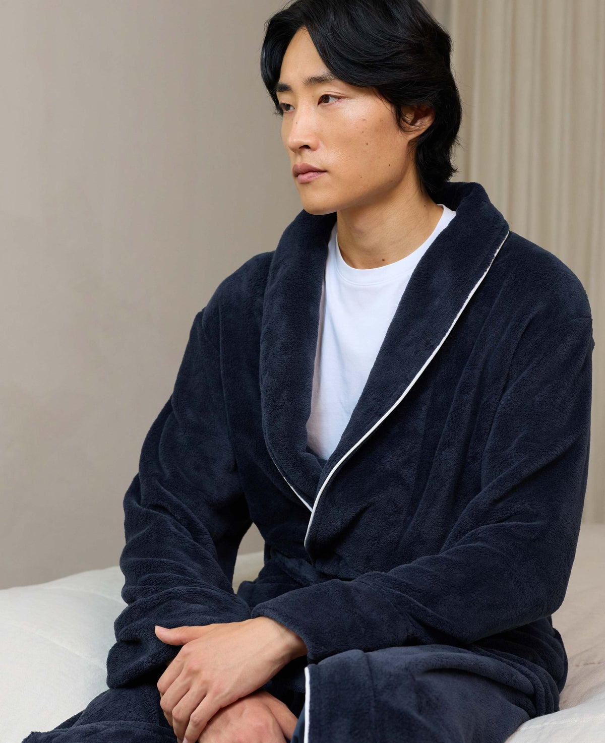 Navy Fleece Dressing Gown With Piping