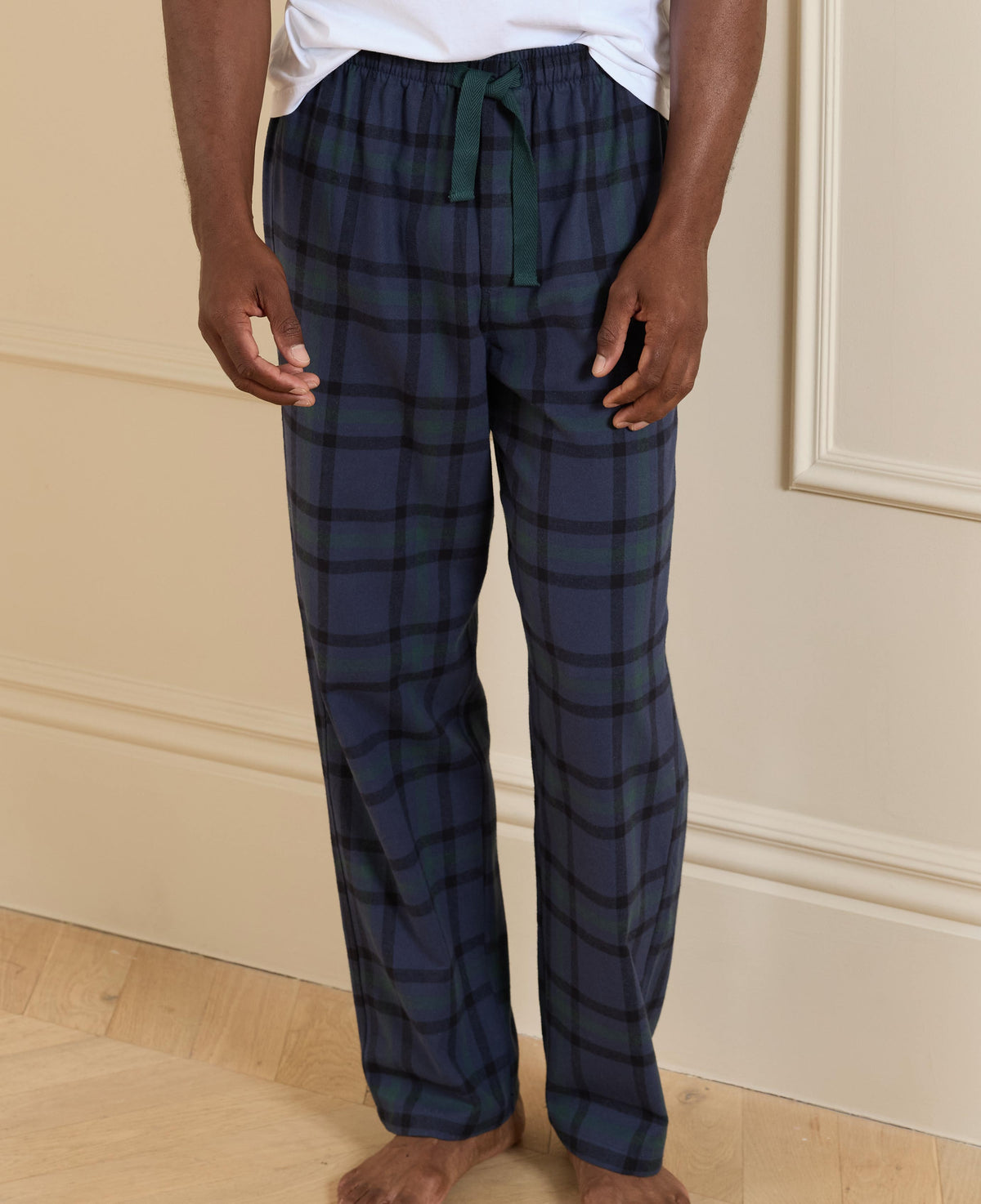 Navy Green Brushed Cotton Twill Check Lounge Pants