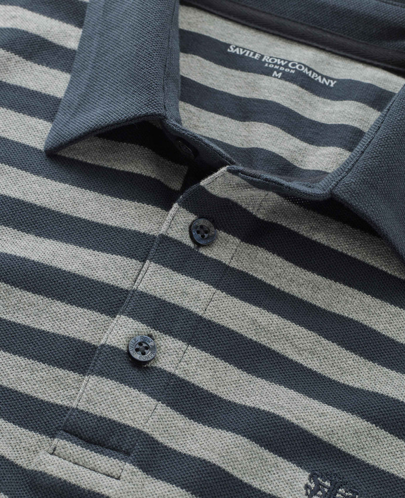 Navy Grey Stripe Long Sleeve Polo Shirt  - Collar Detail - MPL654NGM