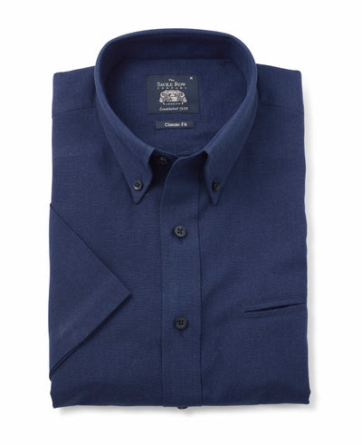Men's Navy Linen-Blend Classic Fit Short Sleeve Casual Shirt