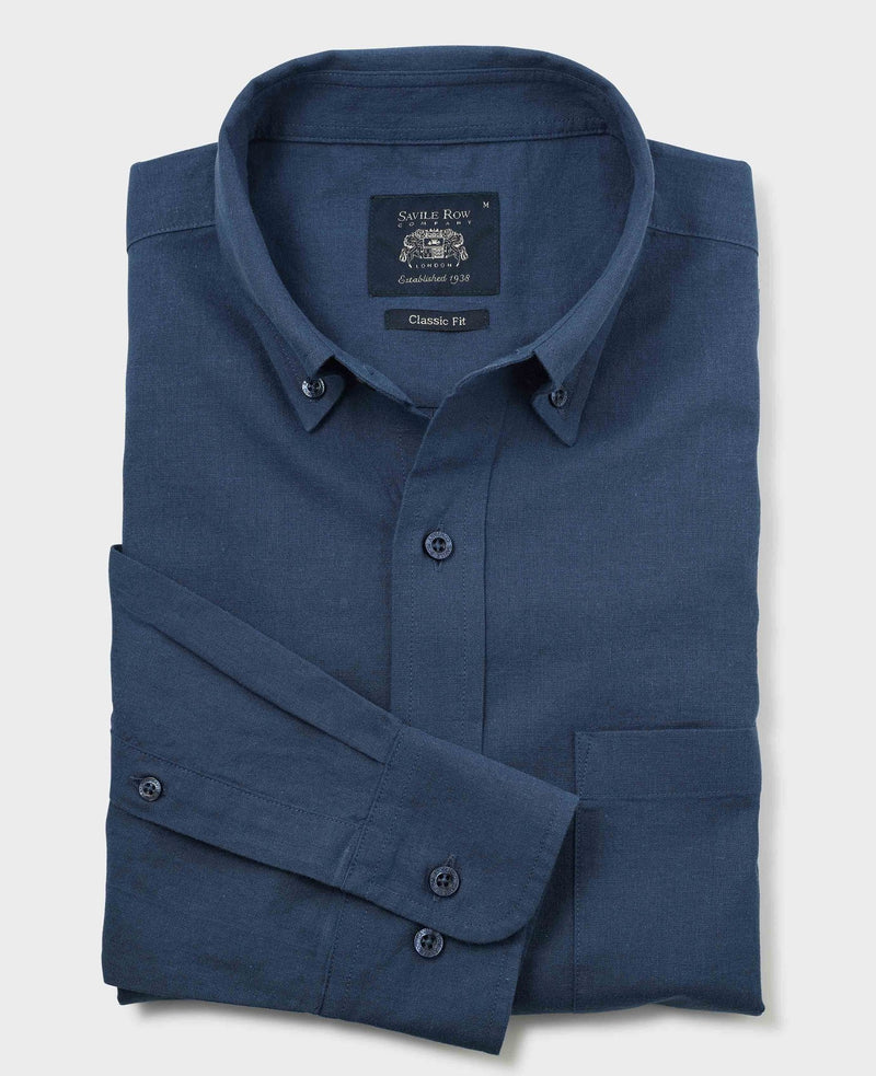 Navy Linen Cotton Classic Fit Button-Down Casual Shirt