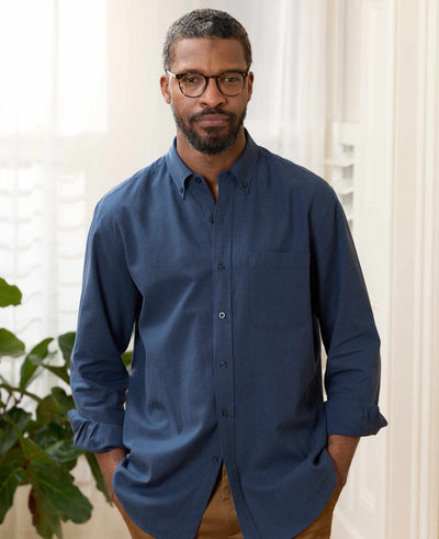 Navy Linen Cotton Classic Fit Button-Down Casual Shirt