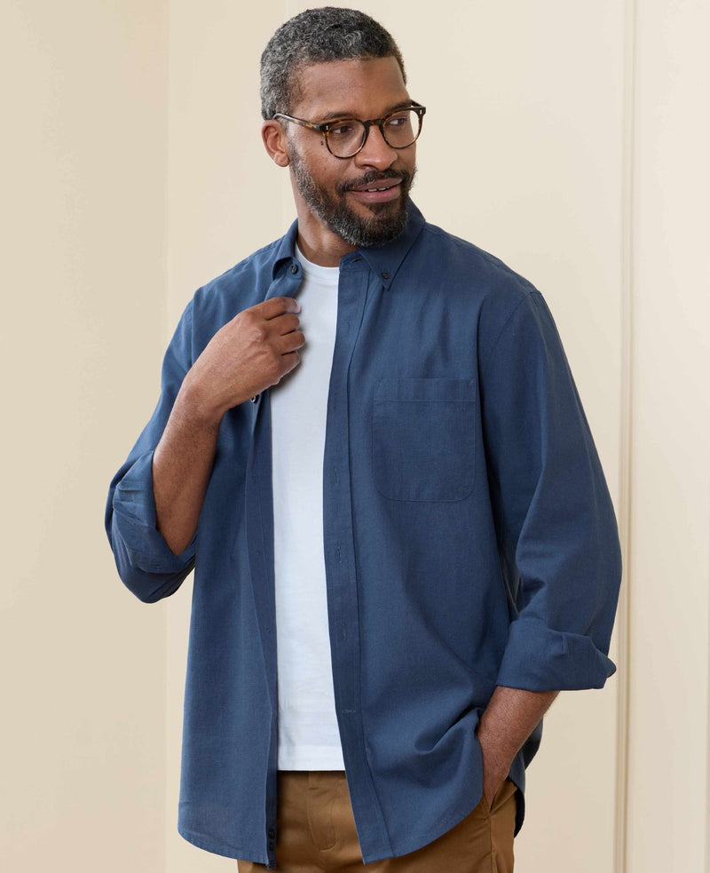 Navy Linen Cotton Classic Fit Button-Down Casual Shirt