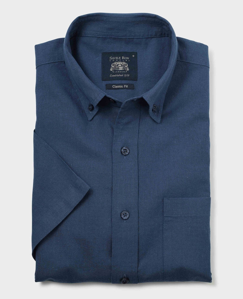 Navy Linen Cotton Classic Fit Button-Down Short Sleeve Casual Shirt
