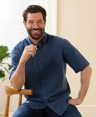 Navy Linen Cotton Classic Fit Button-Down Short Sleeve Casual Shirt