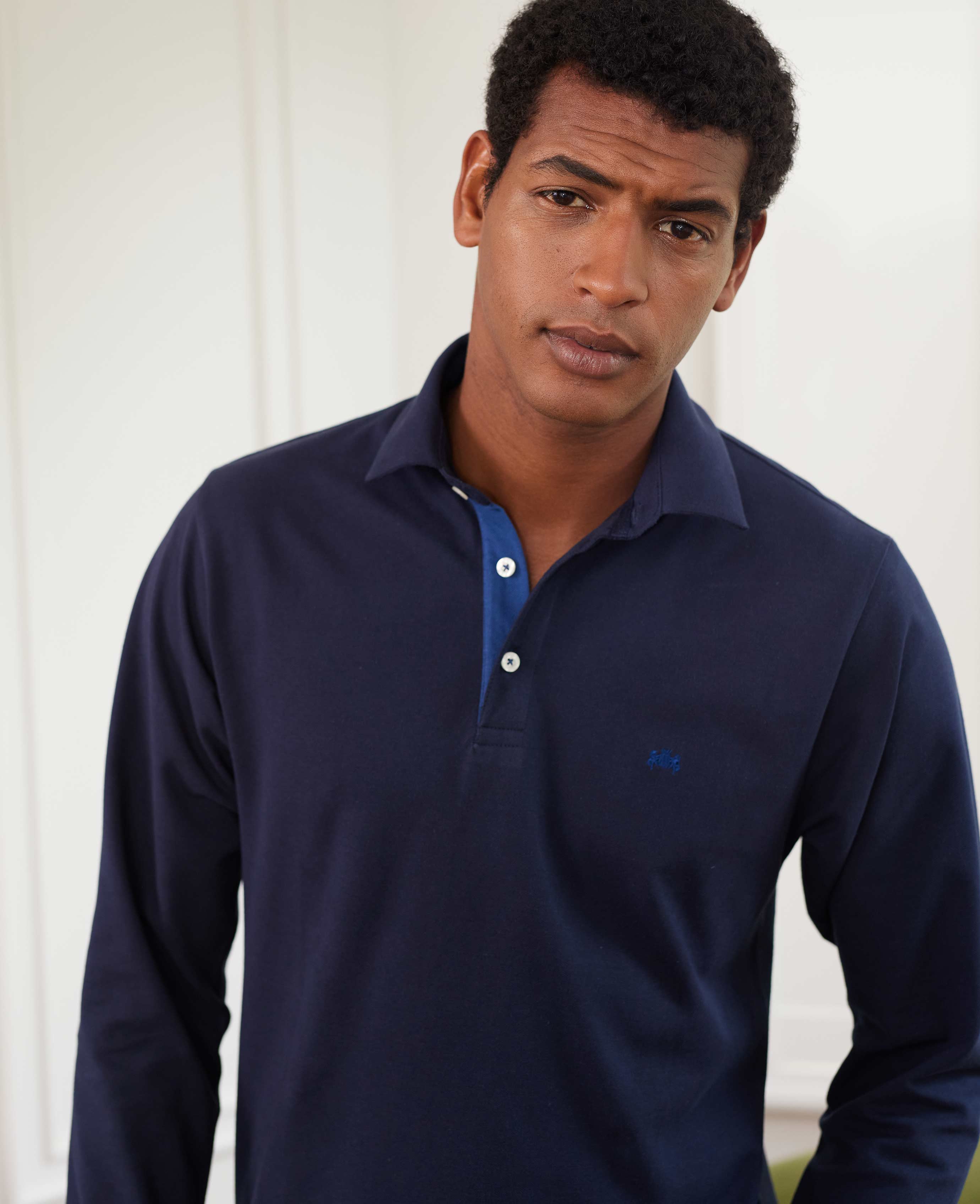 Men s Navy Long Sleeve Polo Shirt In Classic Fit Shape Savile Row Company