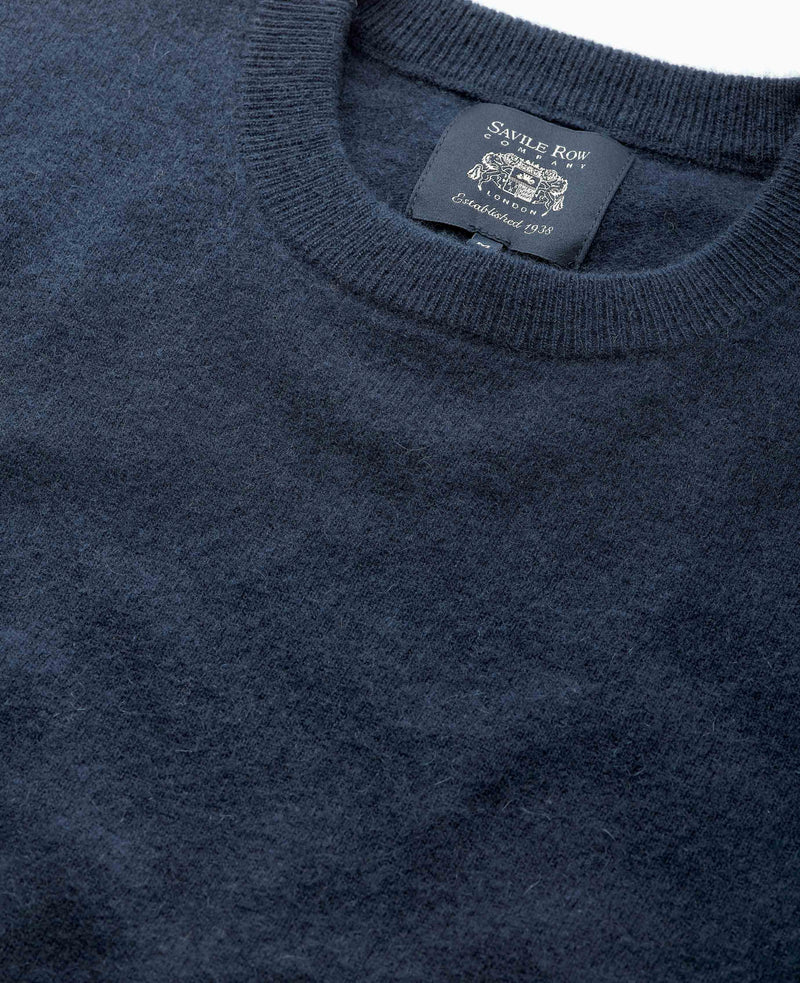 Men's Navy Merino Wool Cashmere Crew Neck Jumper collar detail