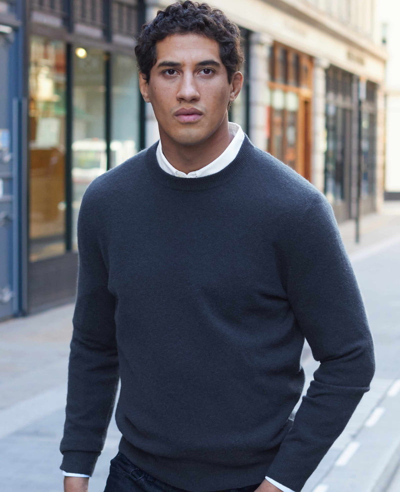 Navy Merino Wool Cashmere Crew Neck Jumper