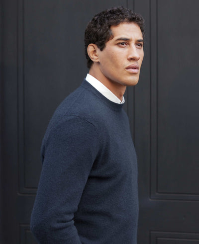 Navy Merino Wool Cashmere Crew Neck Jumper