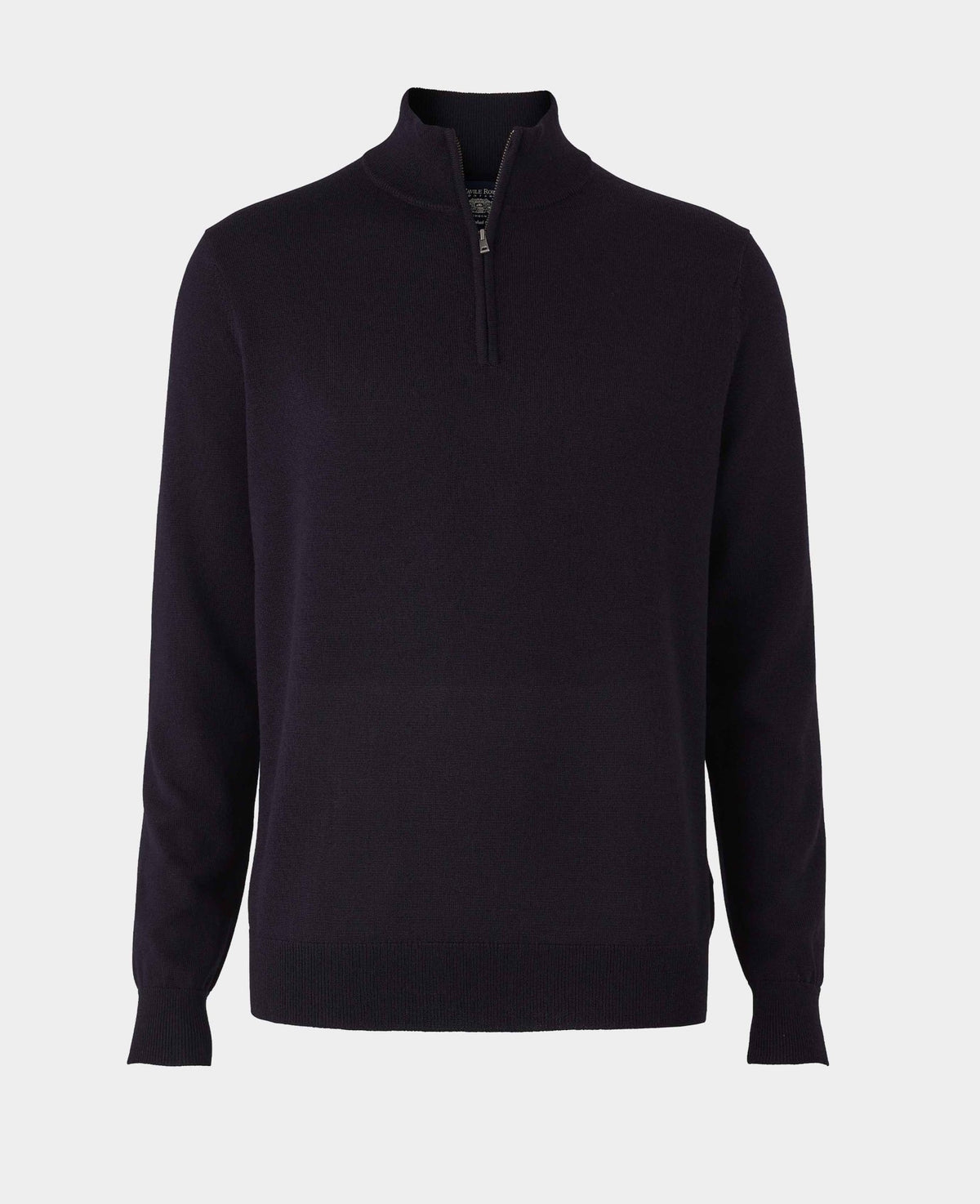 A dark navy blue half-zip sweater with a mock neck collar, displayed on a light gray background.