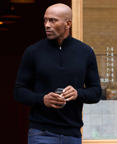 Navy Merino Wool Zip Neck Jumper